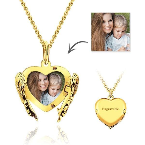 Engravable Photo Locket Necklace Mother’s Day Gifts Heart Angel Wings Gold Plated Silver