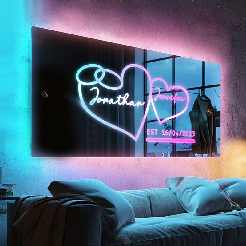 Personalized Name Mirror Heart Special Dates LED illuminated Light-Up Wall Decorations Valentine’s Day Gifts For Couple