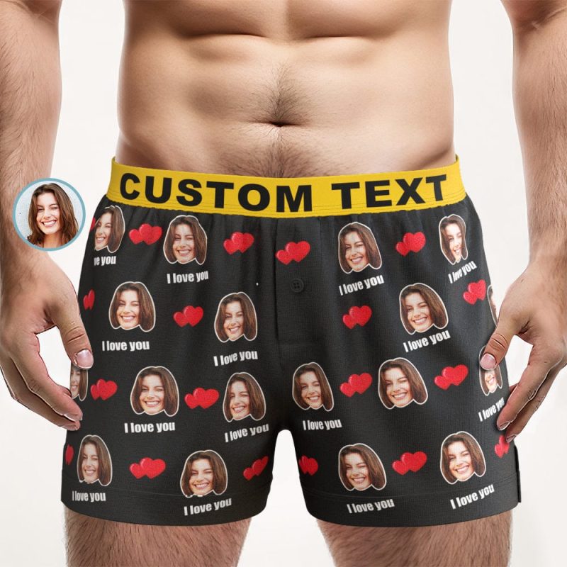 Custom Face I Love You Boxer Shorts with Personalized Text on the Waistband Personalized Underwear for Him
