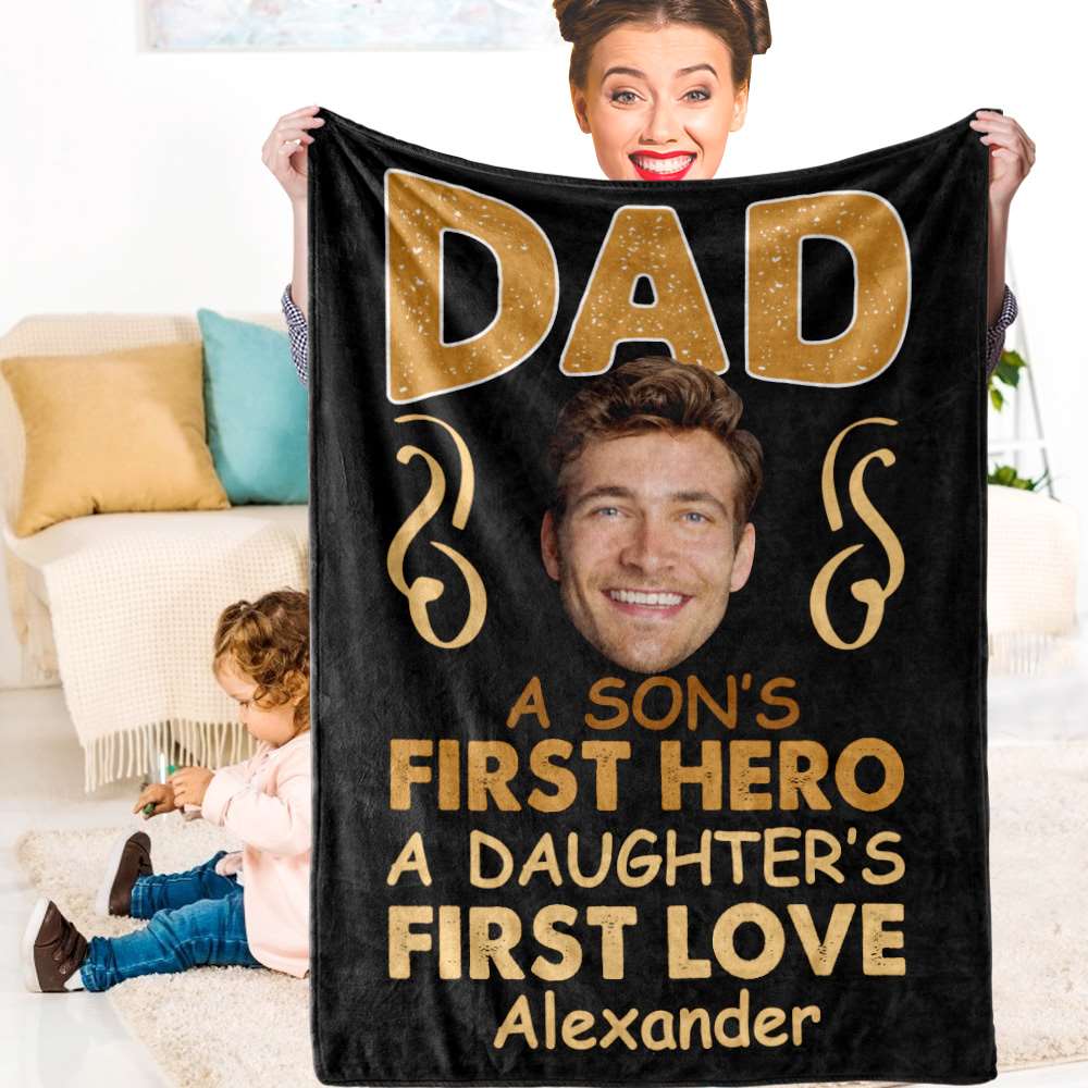 First Father's Day Blankets New Dad Gift Custom Blanket - "A Son's First Hero, A Daughter's First Love" - Image 2