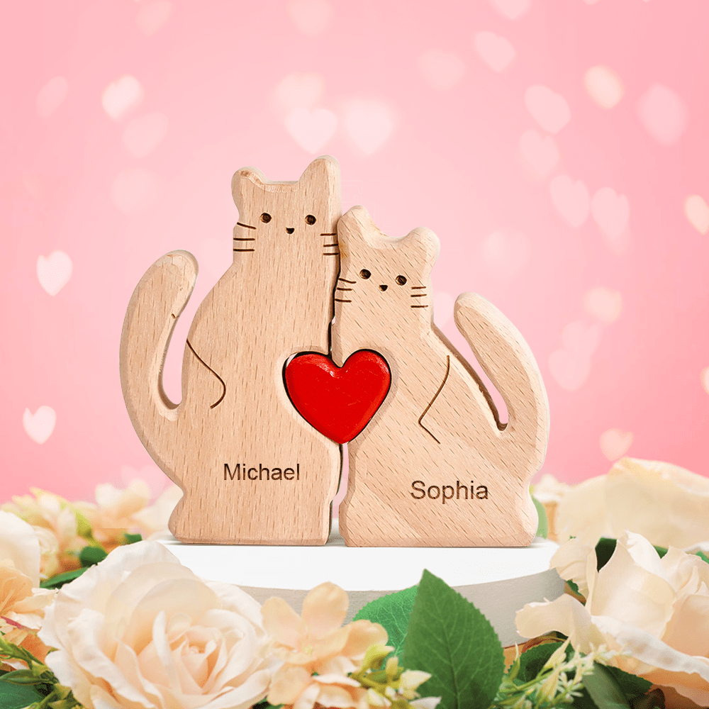 Valentine's Day Gifts Wooden Cats Family Custom Names Puzzle Home Decor