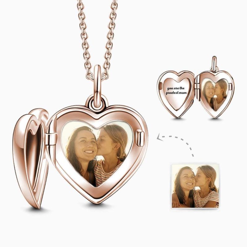 Engraved Heart Photo Locket Necklace Gifts for Her Rose Gold Plated