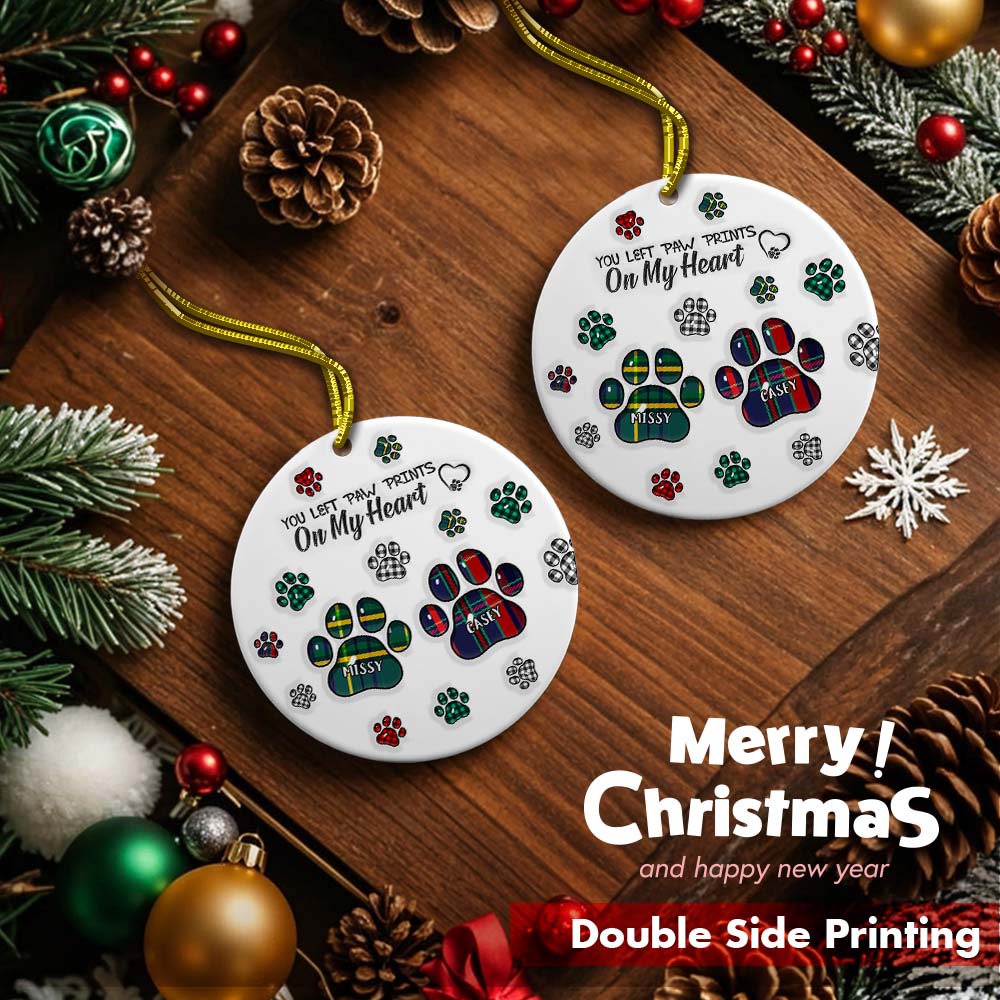 Memorial Dog Cat You Left Paw Prints On My Heart - 3D Inflated Effect Printed Ornament, Personalized Circle Ceramic Ornament - Image 2