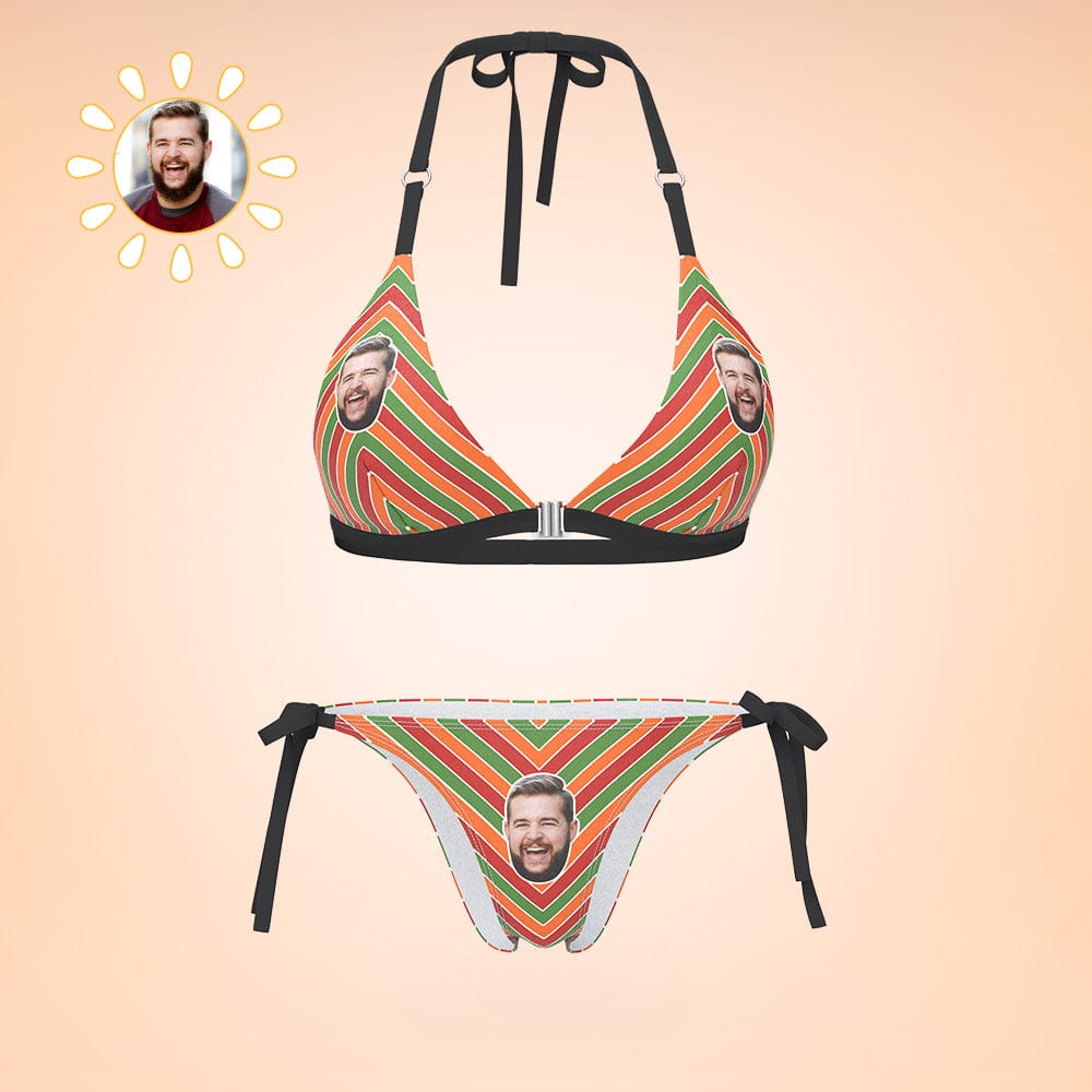 Custom Face Bikini Women's Sexy Back & Front Close Swimwear Colored Stripes Gift For Her - Image 2