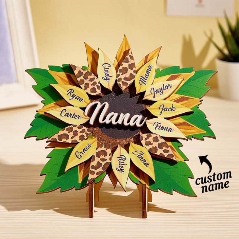 Nana, Mom, Auntie Sunflower – Birthday, Loving Gift for Mom, Grandma Family Home Decor Personalized 2 Layered Wooden Plaque With Stand