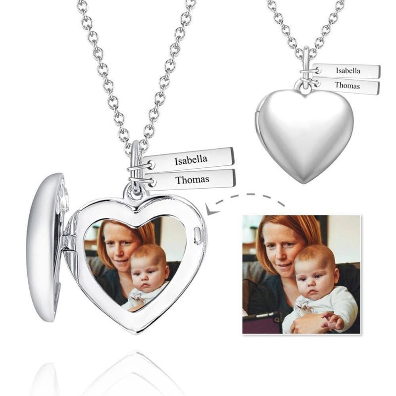 Heart Locket Necklace With Photo and Name Gifts For Mom Platinum Plated