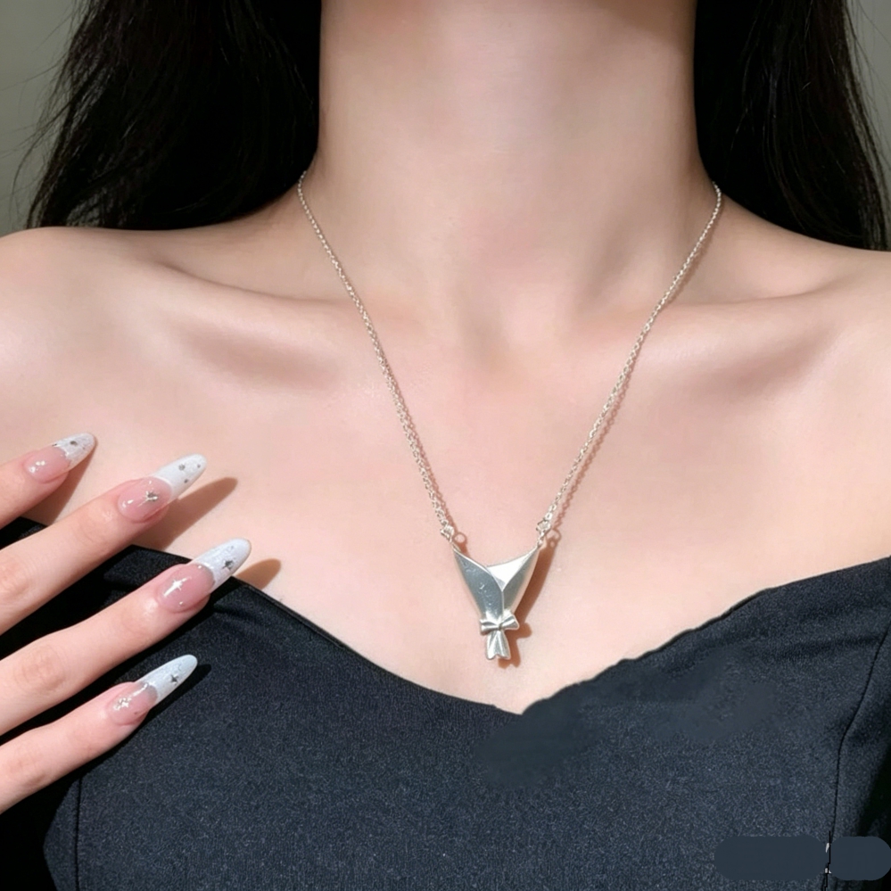 Mini Bouquet Bow Pendant Necklace, Dainty Flower Wrapping Clavicle Chain for Women (No flowers) - Image 5