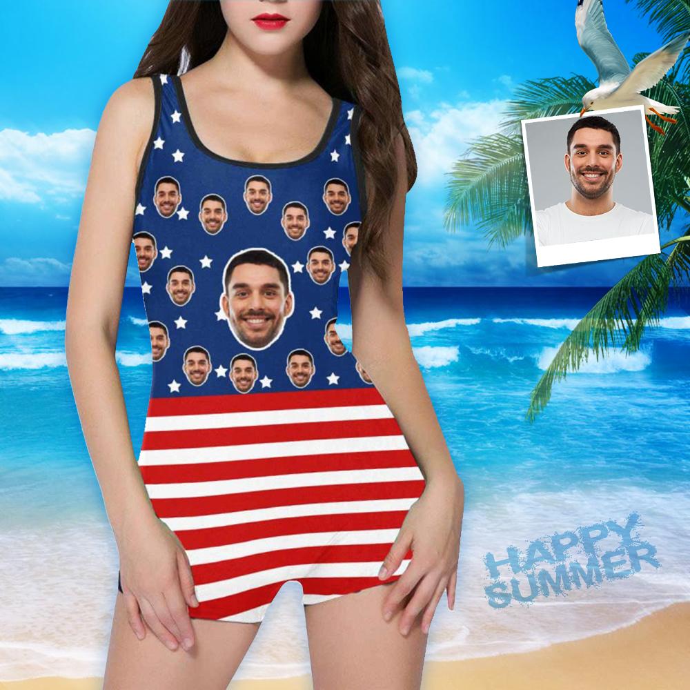 Custom Husband Face American Flag Swimsuit Women's Summer Beach Pool Outfits One Piece Swimsuit - Image 2