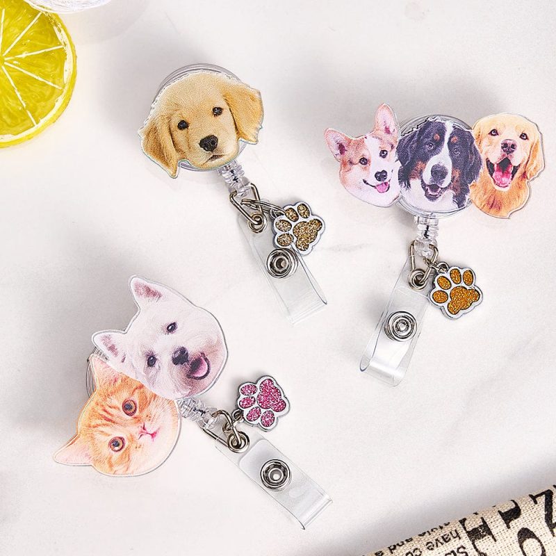Personalized Pet Portrait Badge Reel with Paw Print Charm Gift for Nurse Pet Lover