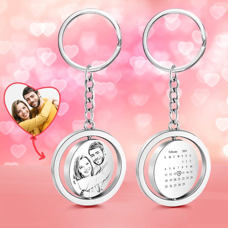 Custom Photo Calendar Keychain Rotate Special Date Couple Anniversary Gifts