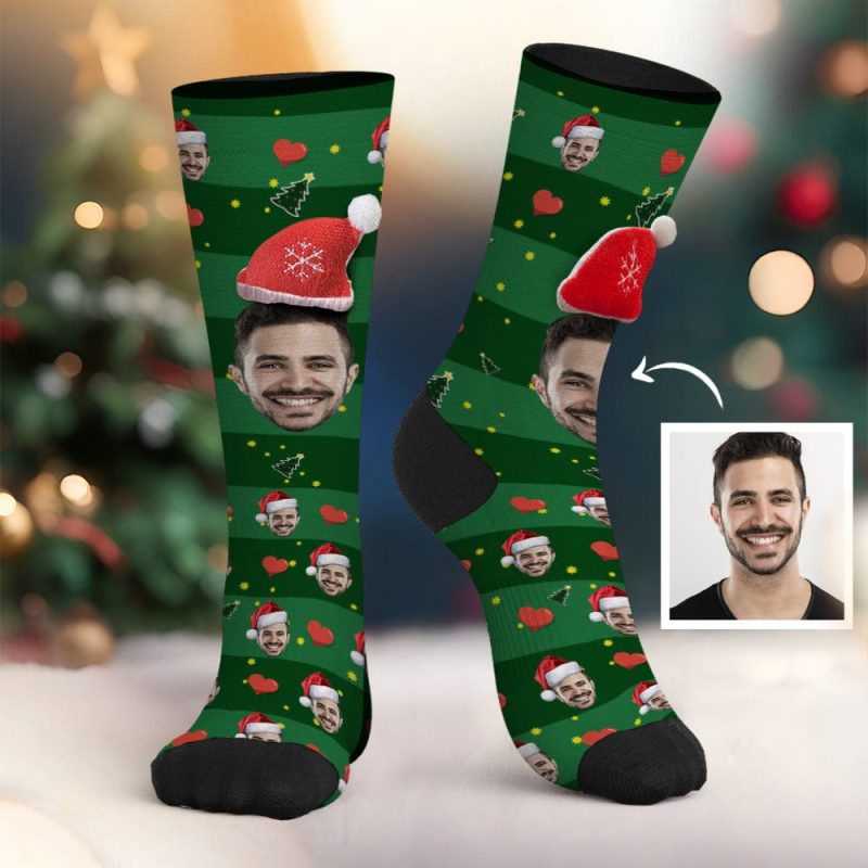 Custom Face Socks Personalized 3D Santa Hat Green Socks Christmas Gifts