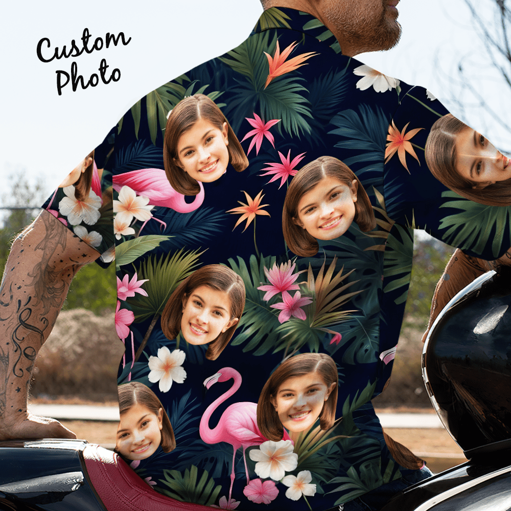 Custom Face All Over Print Men's Hawaiian Shirt Flamingo Flower and Leaves Gift for Him - Image 2
