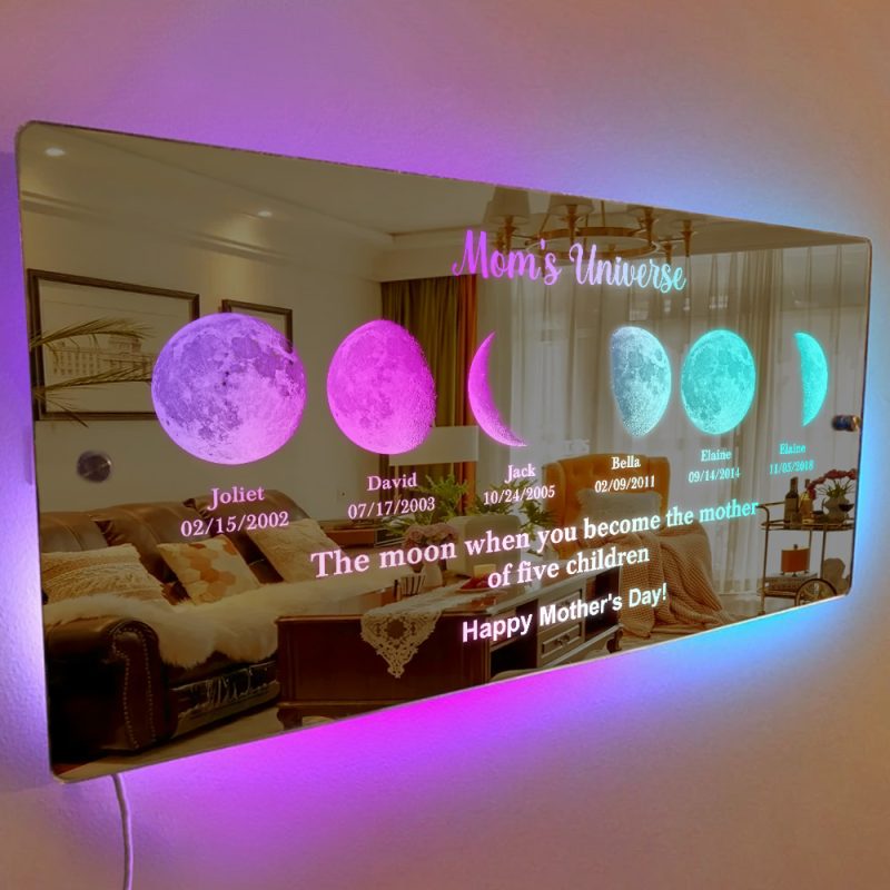 Custom Mom’s Universe Led Mirror Light Frame with Text and Date Mother’s Day Gifts
