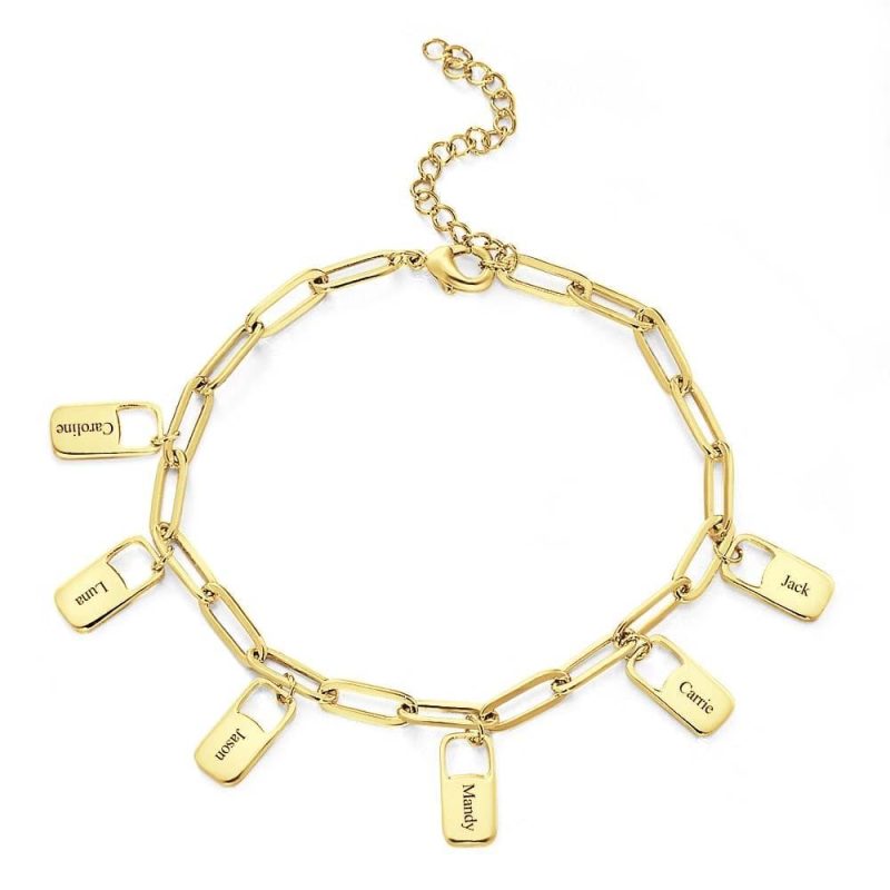 Personalized Name Chain Link Bracelet with 1-6 Charms Custom Family Names Bracelet-Gold