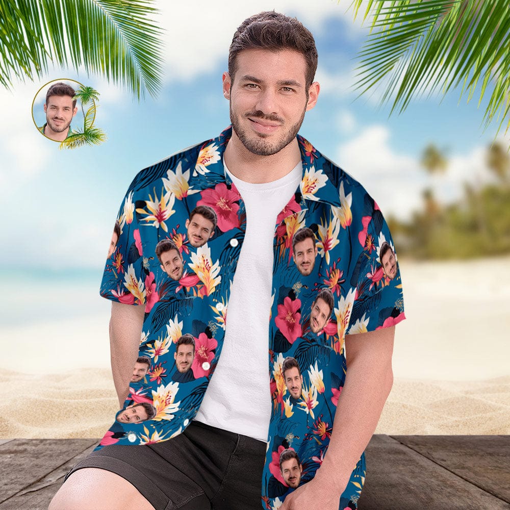 Custom Face All Over Print Men's Hawaiian Shirt Pink Flowers and Monstera Deliciosa
