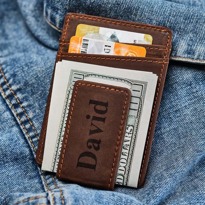 Personalized Name Leather Wallet Magnetic Money Clip for Him