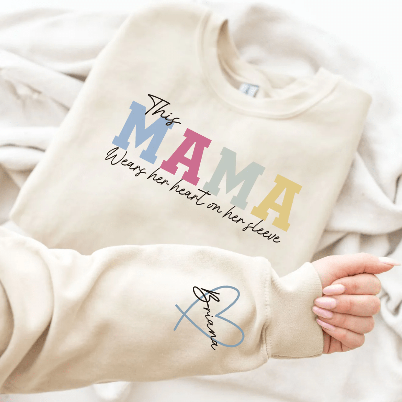Wear Your Heart on Your Sleeve Personalized Mama Sweatshirt with Kids Names for Mom and Grandma Gift - Image 2