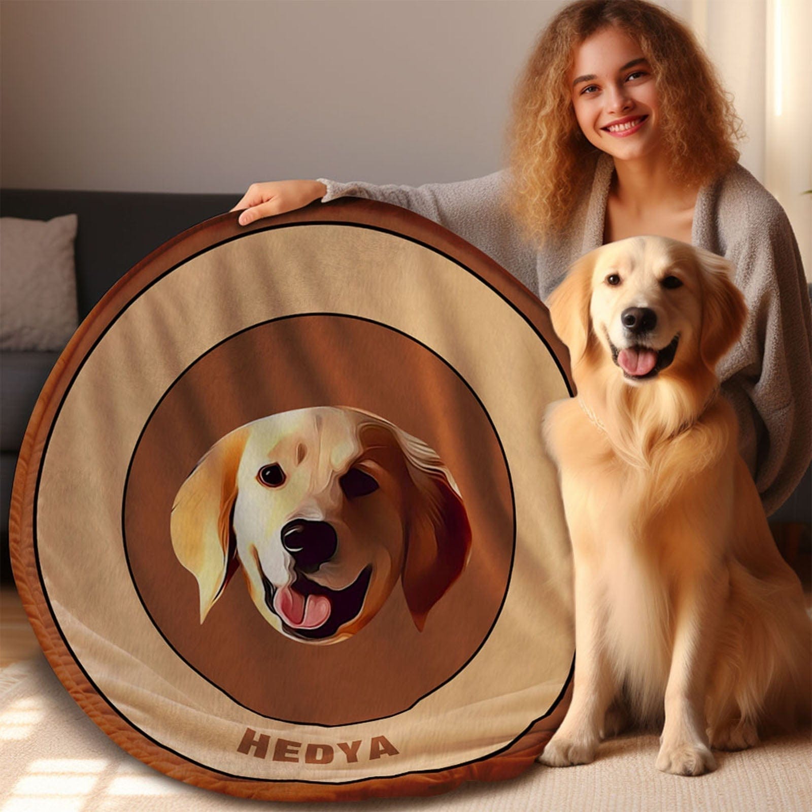 Custom Pet Face Blanket Personalized Round Blanket Gift for Pet Lover - Brown - Image 2