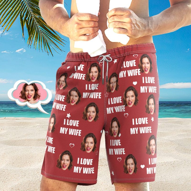 Men’s Custom Face Beach Shorts I LOVE MY WIFE 4 Colors Available