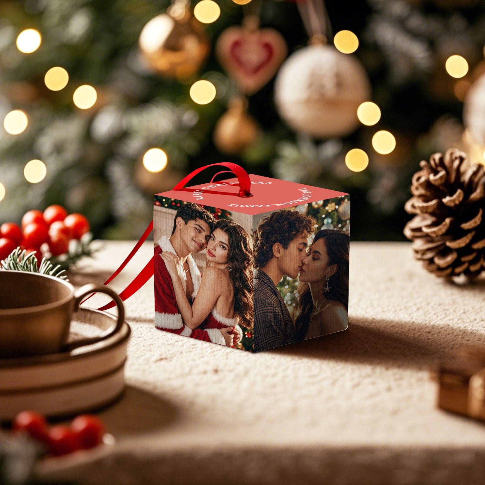 Merry Christmas Family Photo Cube Red Cube Ornament Personalized Simple 4 Photos Red Cube Ornament - Image 2