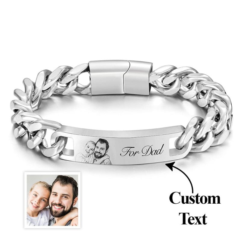 Father’s Day Gifts Custom Engraved Men’s Bracelet Stainless Steel Photo Vintage Bracelet Jewelry-Silver