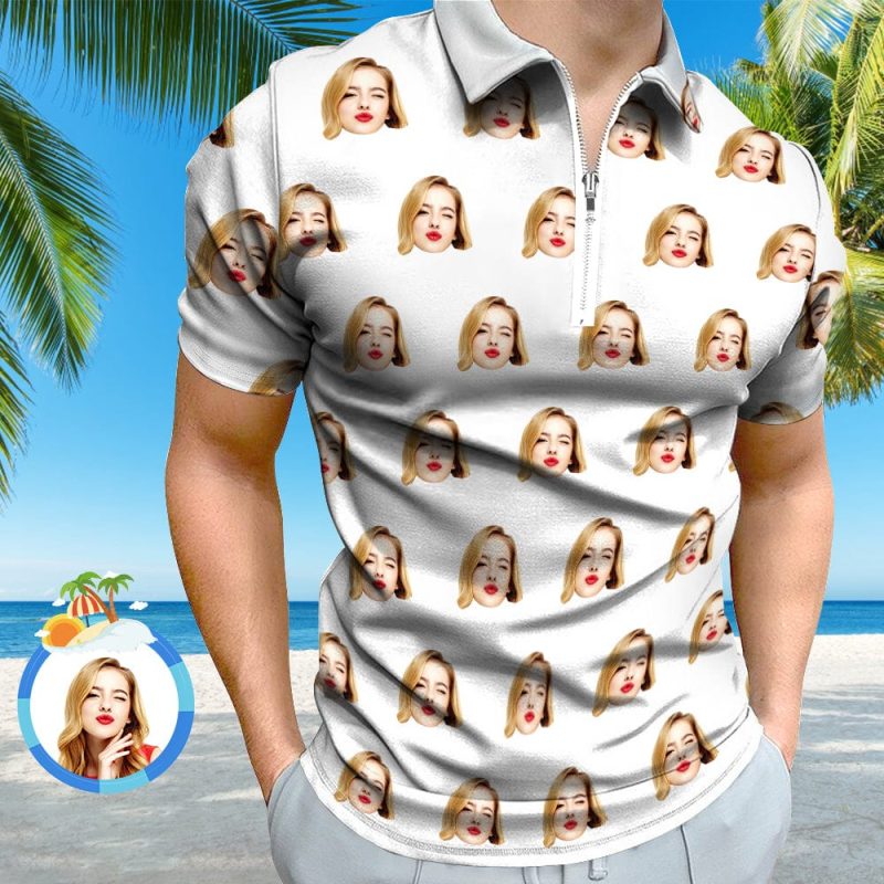 Custom Face Polo Shirt with Zipper Men’s Polo Shirt for Him