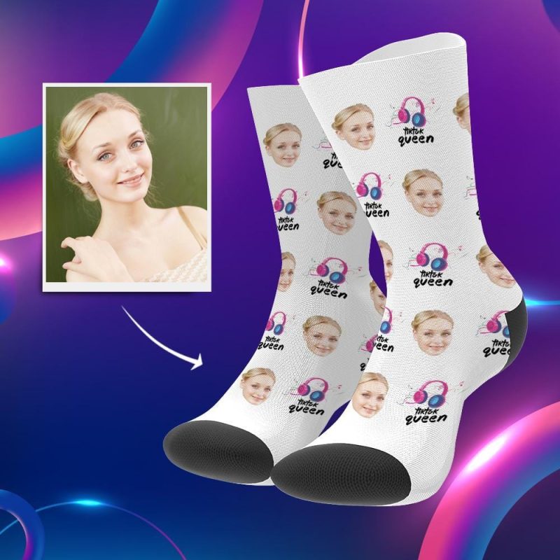 Tiktok Socks Personalized Tiktok Socks Face Socks Gifts For Her Earphone Queen Christmas Gift