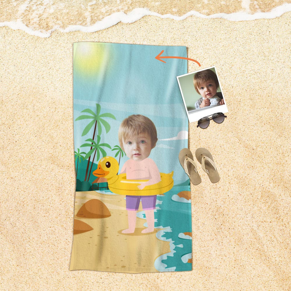 Custom Face Beach Towel Personalized Duck Swim Ring Boy Beach Towel Funny Gift for Summer - Image 2