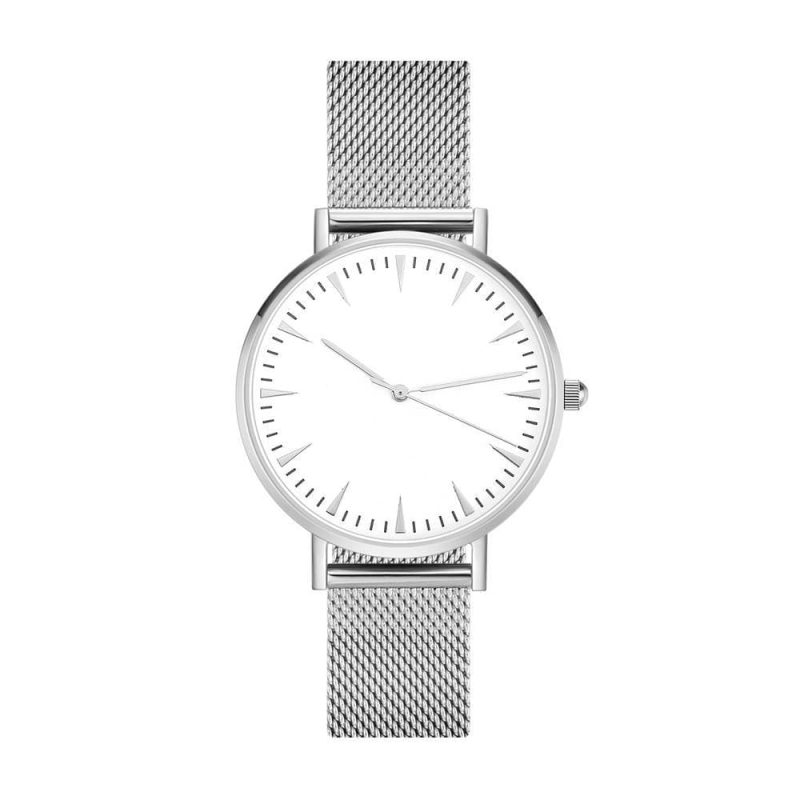 Mesh Bracelet Watch In Stainless Steel Silver Strap And White Dial For Women