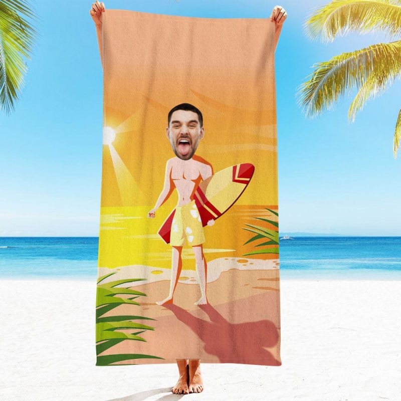 Custom Face Beach Towel Personalized Summer Surf Boy Beach Towel Funny Gift for Summer