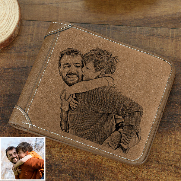 Men’s Custom Photo Engraved Wallet Brown Leather Gift For Father