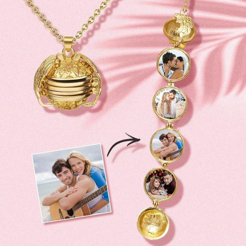 Pendant Photo Locket Necklace Gifts for Her Photo Wings Necklace Antique Gold