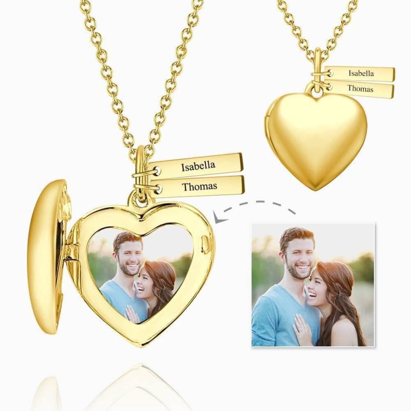 Heart Photo Locket Necklace With Engraving Name 14k Gold Plated