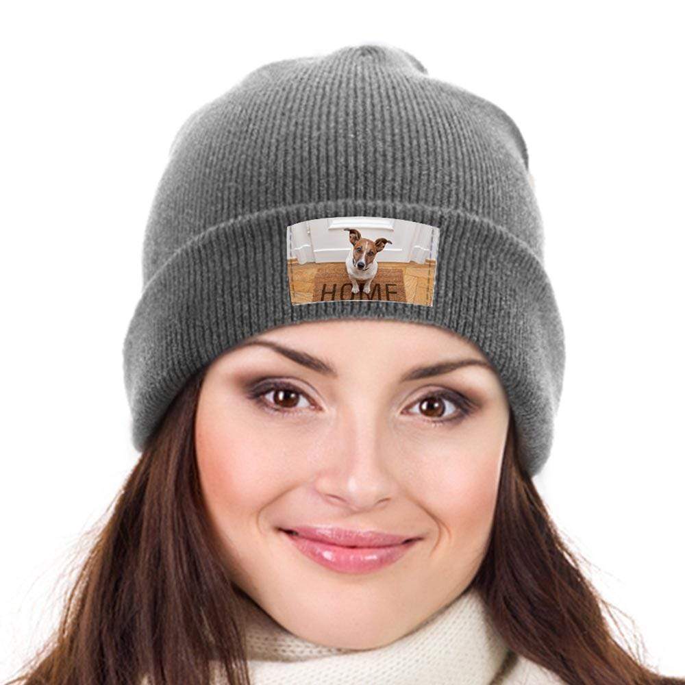 Personalized Photo Beanie Hat Custom Knitted Hats Gift-Light Gray - Image 2