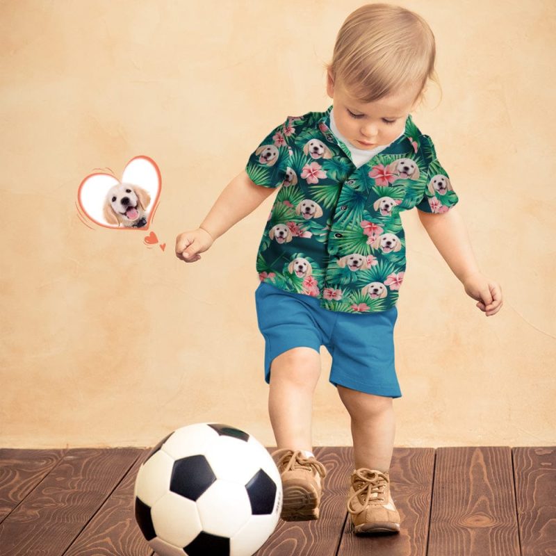 Custom Face Hawaiian Shirt Kid’s All Over Print Red Flowers Short Sleeve Shirt