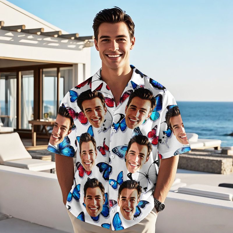 Custom Face Hawaiian Shirt Colorful Butterfly Summer Aloha Vacation for Men