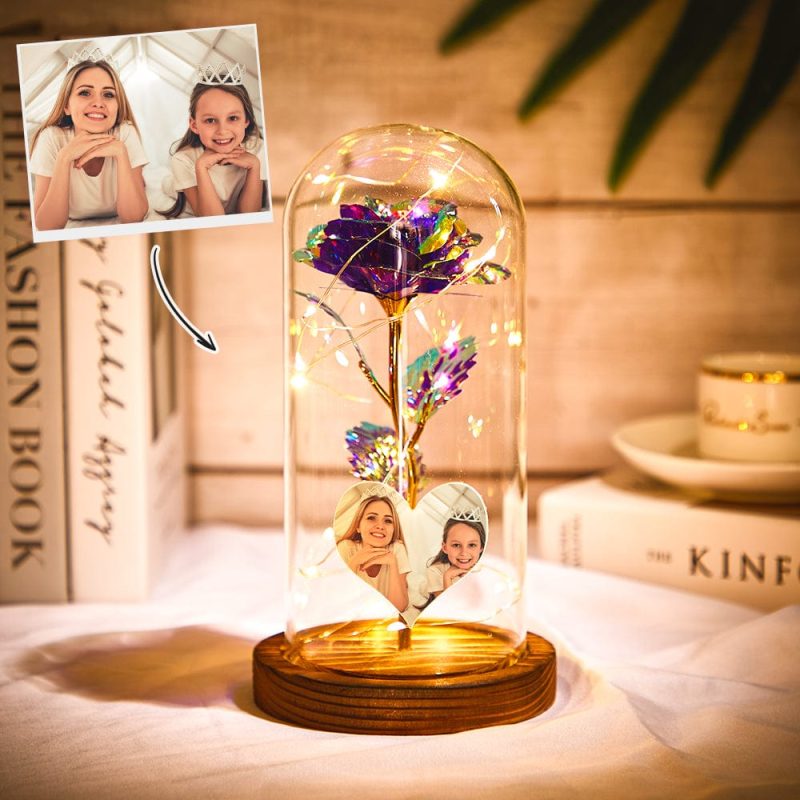 Custom Heart-shaped Photo Eternal Colorful Rose Flower LED Night Light Romantic Simulation Eternal Rose Flower Glass Cover for Anniversary and Mother’s Day