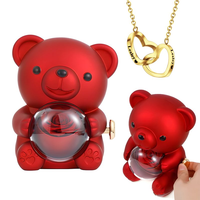 Engraved Heart Necklace with Real Rose Bear Giftbox Rose Shaped Necklace Gift Box Jewellery Gift BoxUS