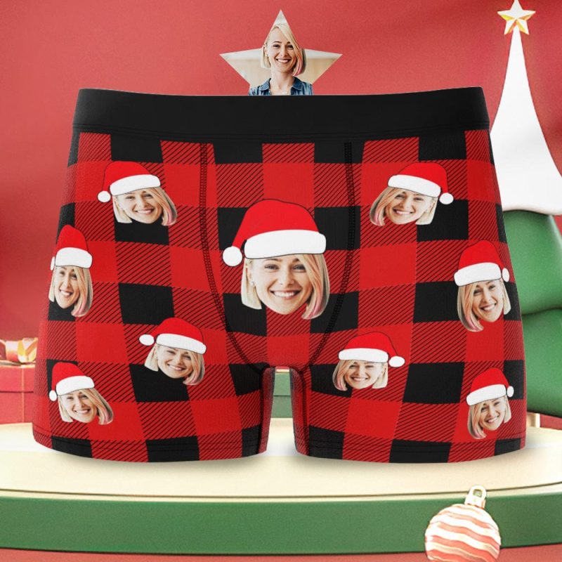 Custom Face Boxer Briefs Personalized Buffalo Plaid Underwear Christmas Gifts for Him
