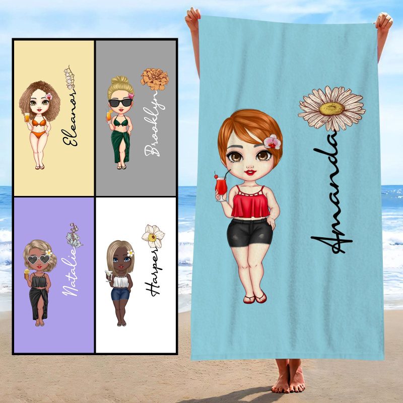 Custom Cartoon Women Girl Birth Flower Multicolor Beach Towel Personalized Name Vacation Beach Towel Gift for Friend – GiftLab