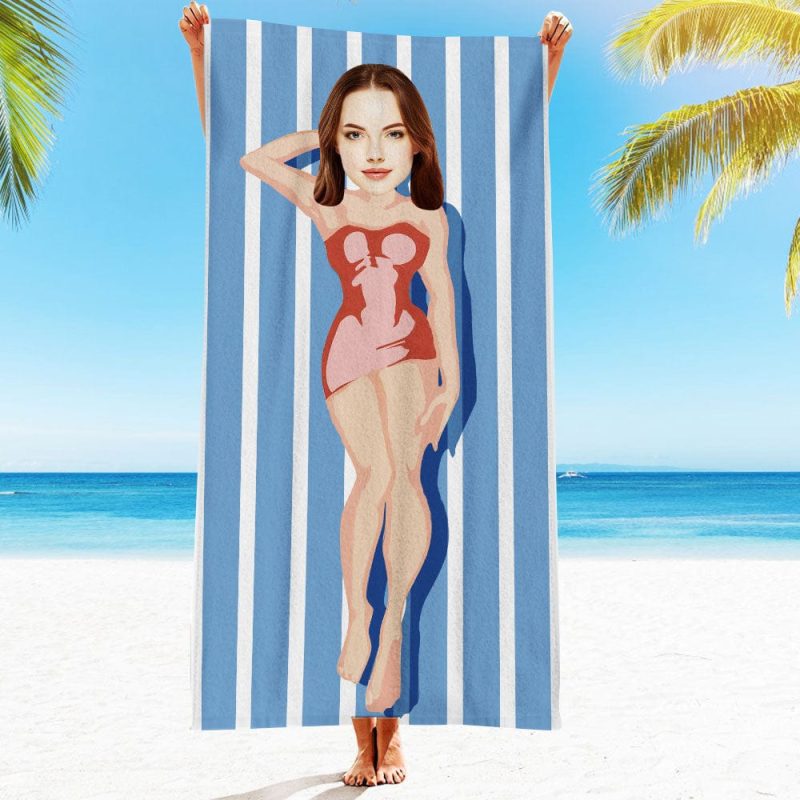 Custom Face Beach Towel Personalized Red Dress Beach Towel Funny Gift for Summer