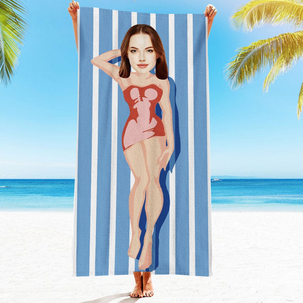 Custom Face Beach Towel Personalized Red Dress Beach Towel Funny Gift for Summer