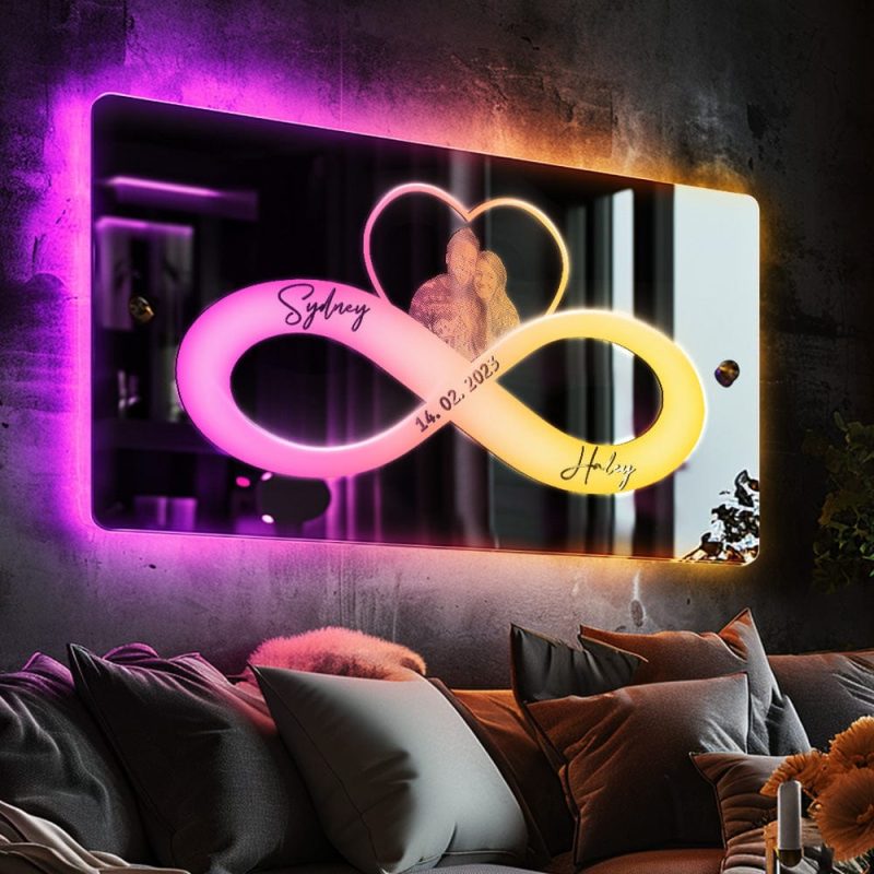 Personalized Photo And Date Name Mirror Light Infinity Heart Couple Valentine’s Day Gifts Wall Decorations For Lover