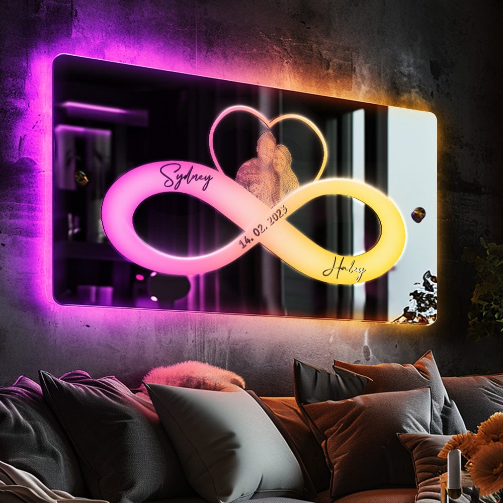 Personalized Photo And Date Name Mirror Light Infinity Heart Couple Valentine's Day Gifts Wall Decorations For Lover