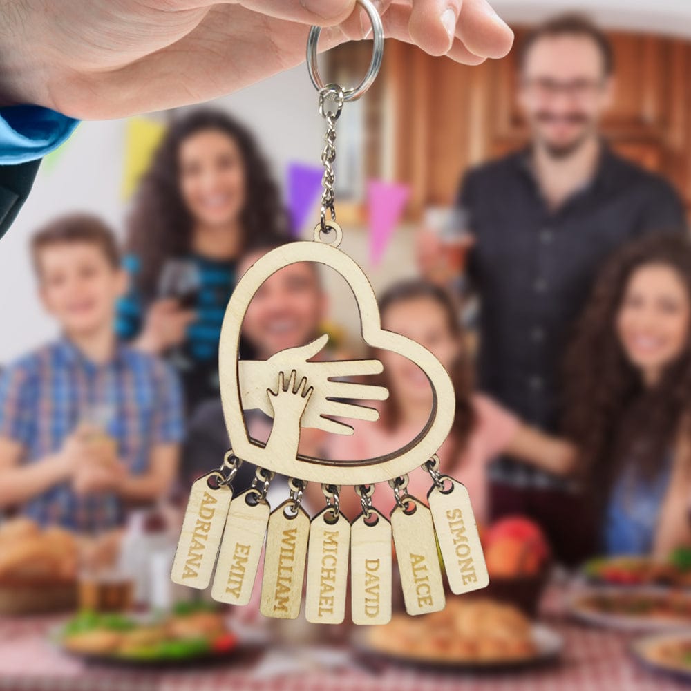 Personalized Hands with Name tags Keychain Gift for Father's Day Gift Custom Kids Names Hand Palm Heart Wooden Keychain for Dad Grandpa - Image 2