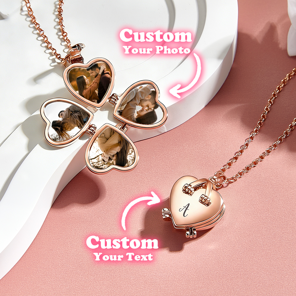 Custom Heart Locket Necklace with 4 Photos, Initial Folding Four Leaf Clover Design, Personalized Love Gift for Her - Image 5