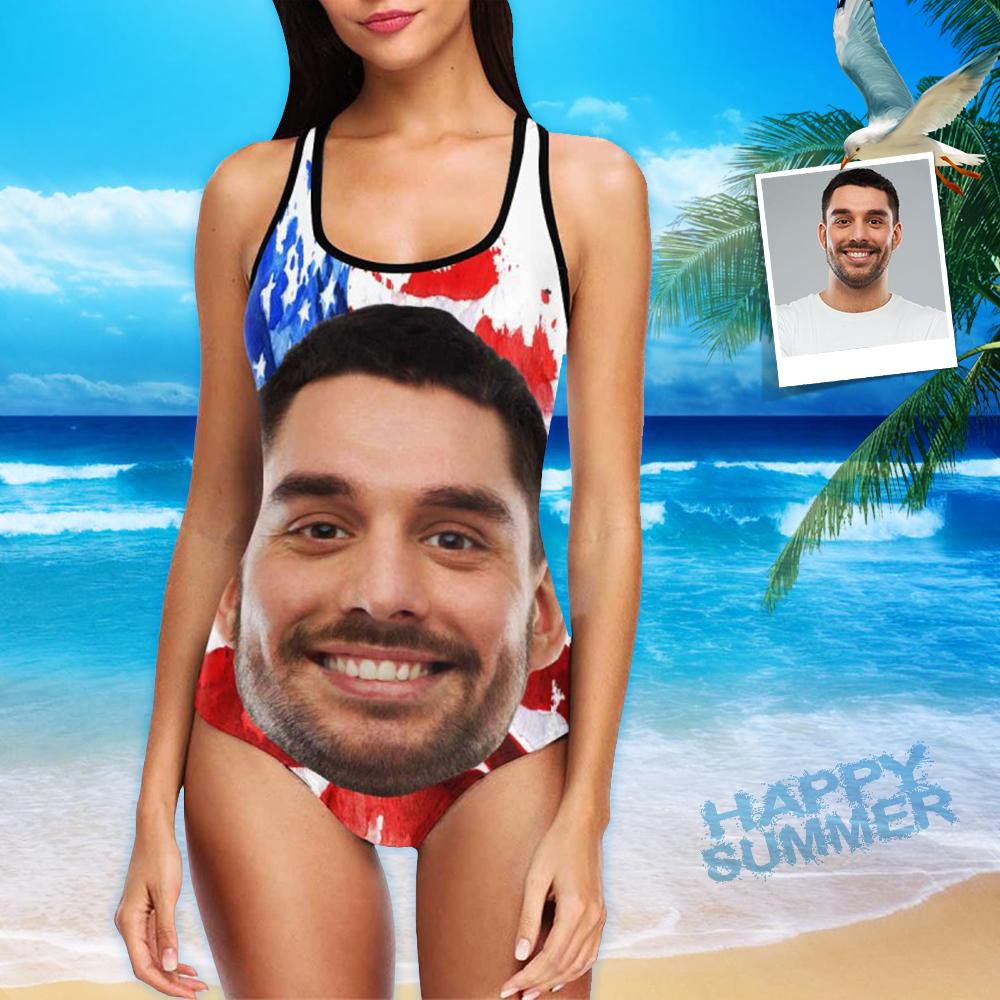 Custom Swimwear Boyfriend Face One Piece Bathing Suit Husband Face American Flag Swimsuit - Image 2