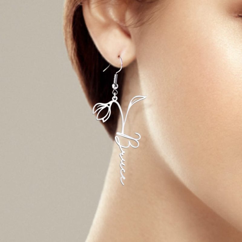 Custom Birth Flower Name Earring Personalized Earrings Birthday Gifts