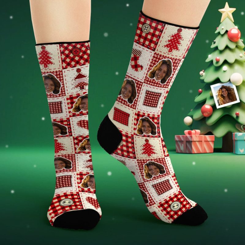 Custom Face Socks Personalized Photo Socks Christmas Plaid Pattern