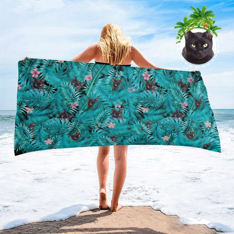Personalized Beach Towels with Photo Custom Blue leaves Beach Towel